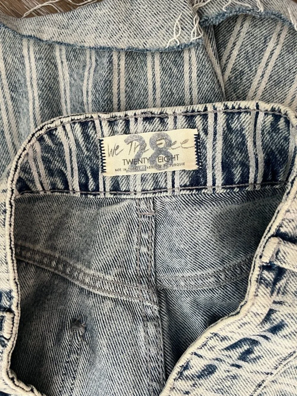 Acid Light Blue Striped Pinstripe High-Waist Distressed Jean Shorts